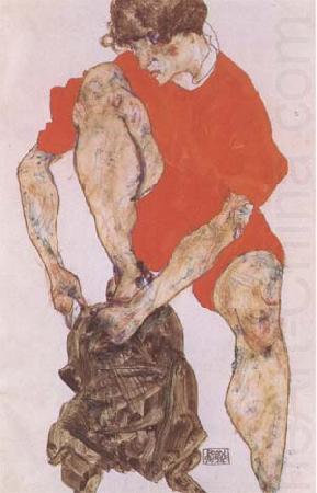 Female Model in Bright Red Jacket and Pants (mk09), Egon Schiele